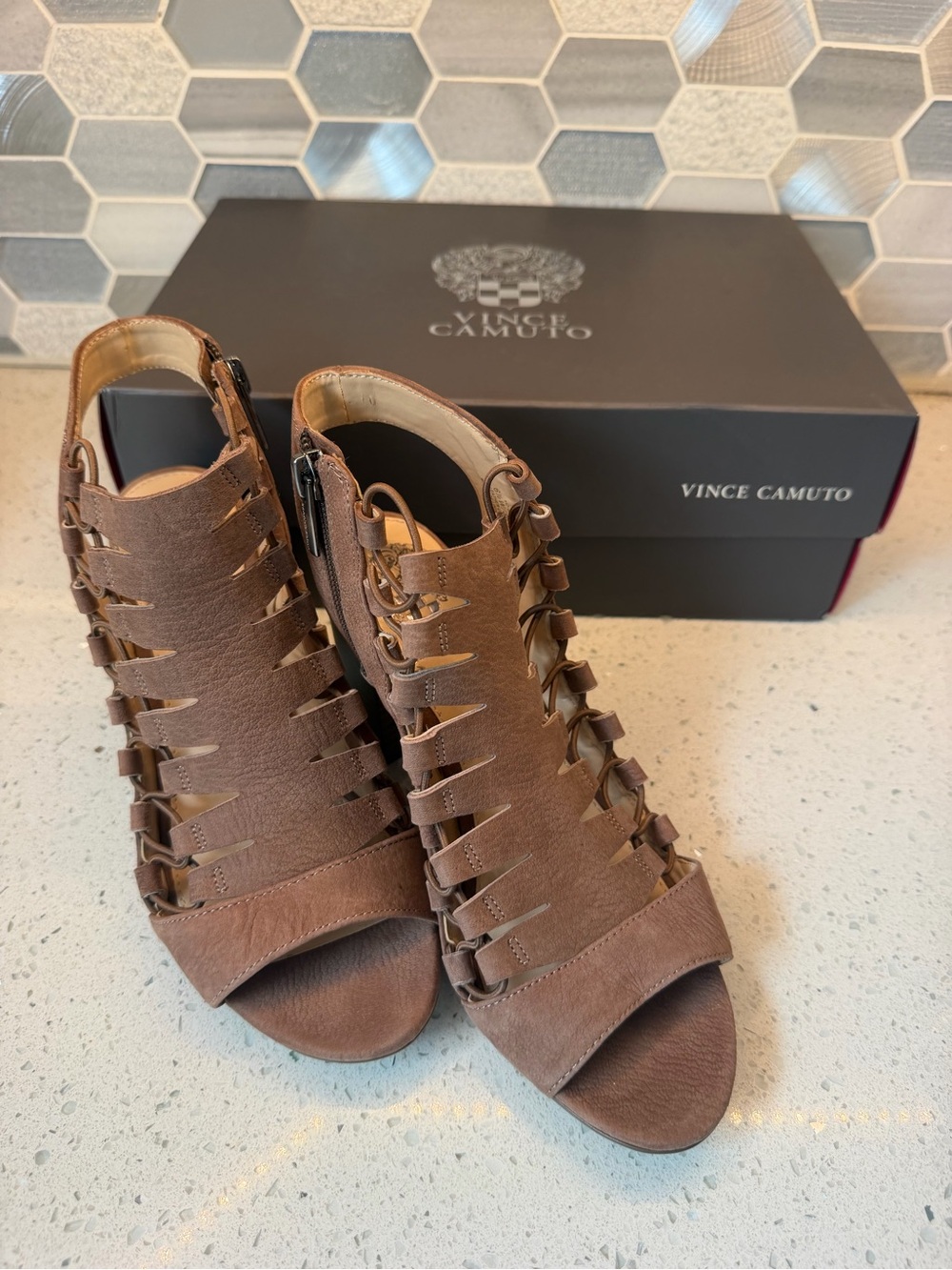NWT Vince Camuto Taupe Brown Suede Cage Heels